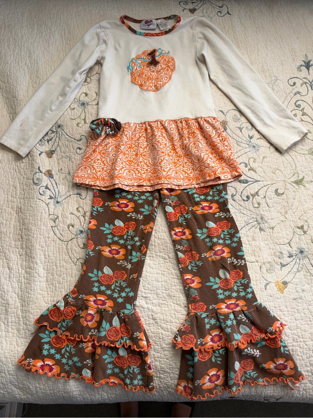 Children's Fall Pumpkin Tunic & Floral Ruffle Pants Set - White & Brown